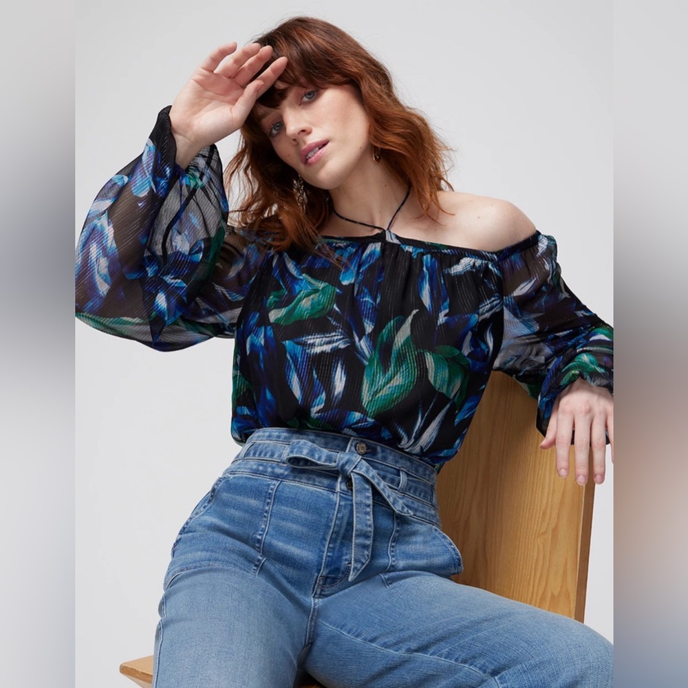 New White House Black Market Off-the-Shoulder
Metallic Cross-Neck Blouse